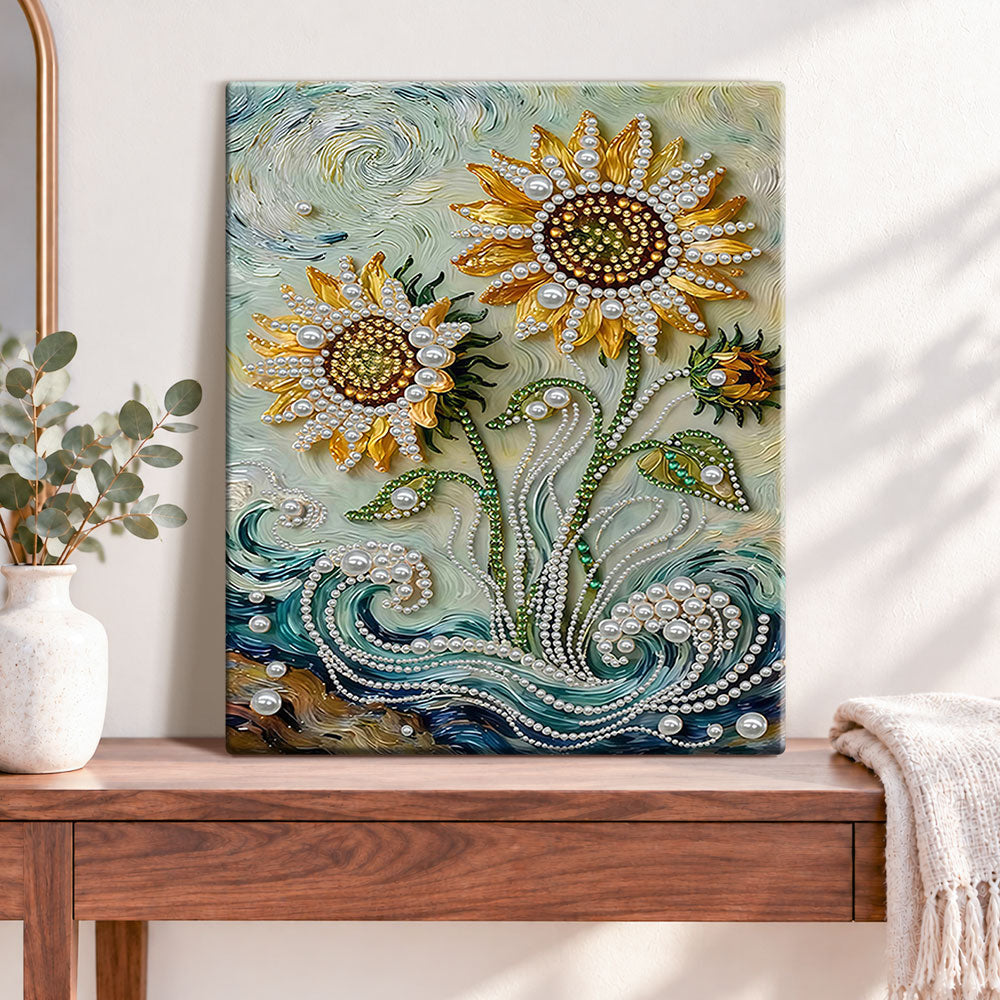 Finished starry sunflowers pearl diamond painting artwork displayed as home decor
