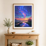 Finished starry sunset riverside cross stitch artwork displayed as home decor