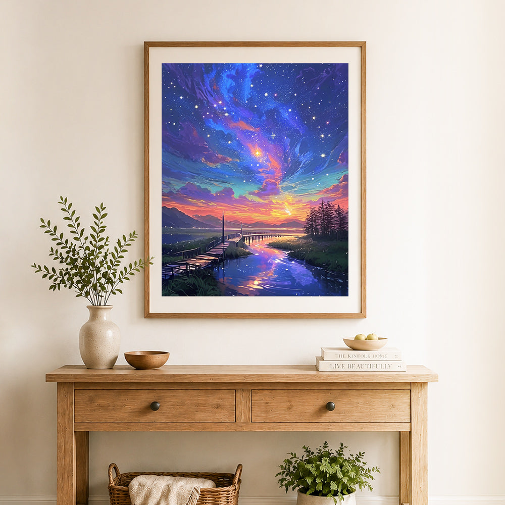 Finished starry sunset riverside cross stitch artwork displayed as home decor