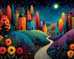 Starry whimsical village cross stitch kit for beginners