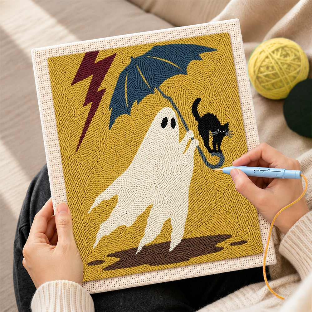 Creating handmade stormy ghost with black cat punch needle artwork
