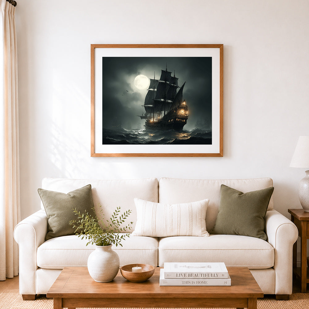 Finished stormy night galleon under full moon cross stitch artwork displayed as home decor