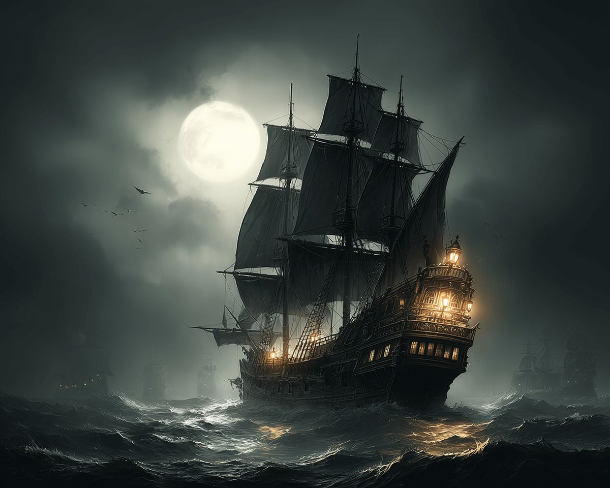 Stormy night galleon under full moon cross stitch kit for beginners