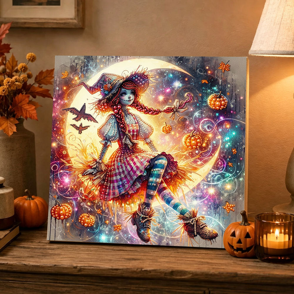 Finished straw doll under crescent moon pearl diamond painting artwork displayed as holiday home decor