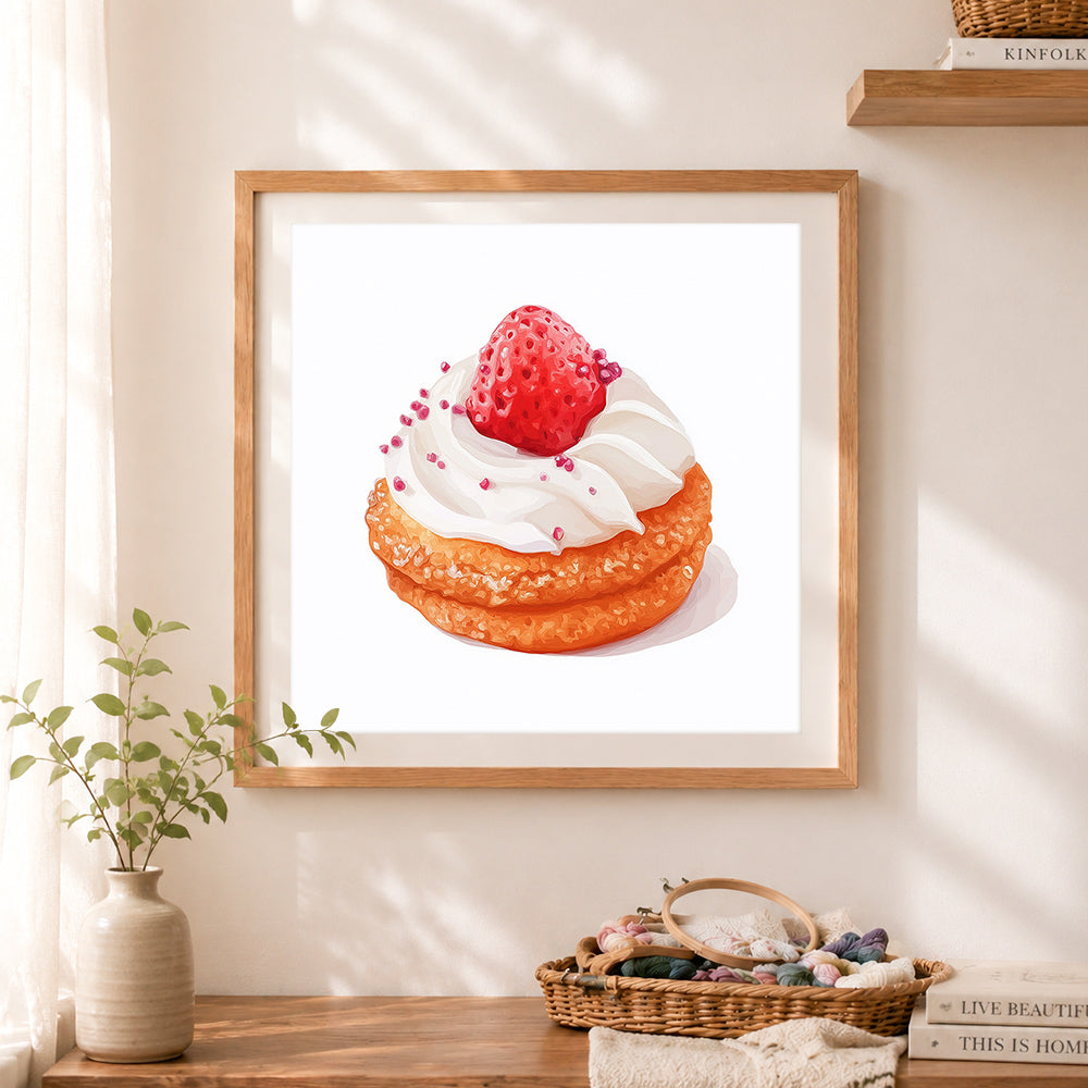 Finished strawberry cream pastry cross stitch artwork displayed as home decor