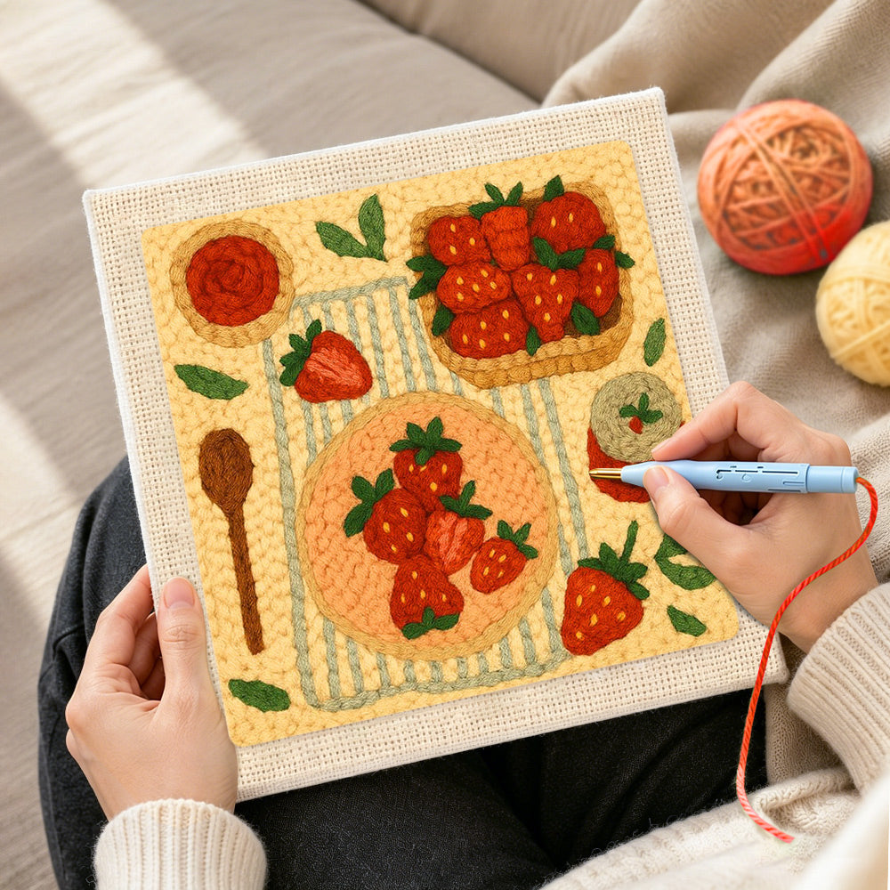 Creating handmade strawberry dessert collection punch needle artwork