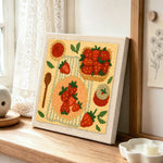 Strawberry dessert collection punch needle artwork displayed on a table