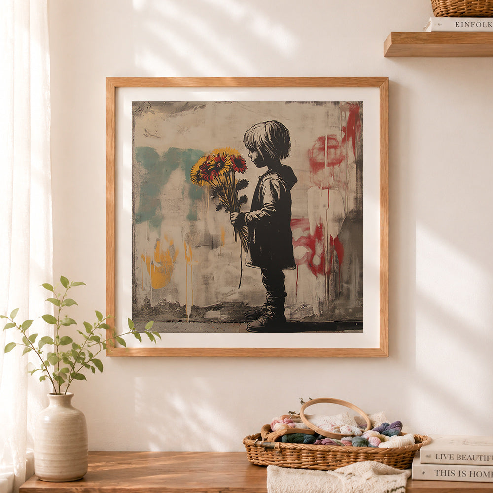 Finished street art child holding flowers cross stitch artwork displayed as home decor