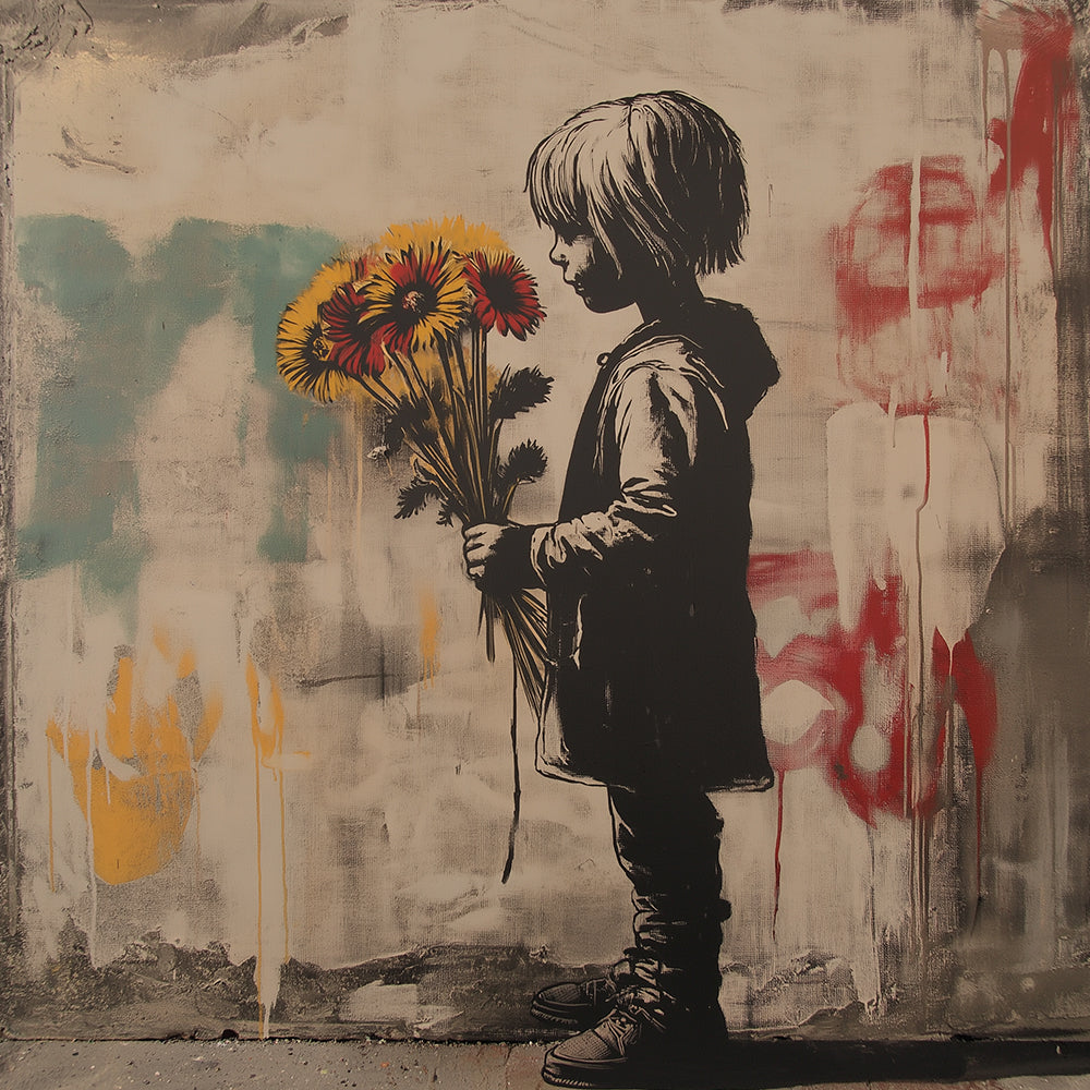 Street art child holding flowers cross stitch kit for beginners