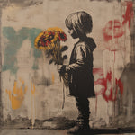Street art child holding flowers cross stitch kit for beginners