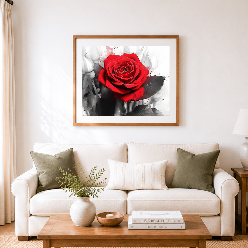 Finished striking crimson bloom cross stitch artwork displayed as home decor