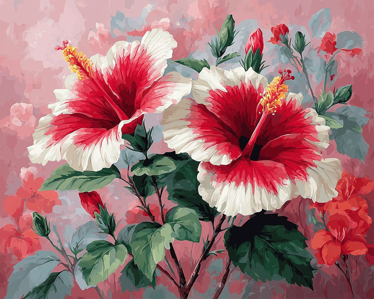 Striking red white hibiscus cross stitch kit for beginners