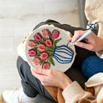 Creating handmade striped vase with pink tulips punch needle artwork