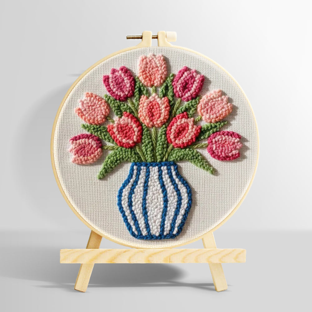 Striped vase with pink tulips punch needle kit for beginners