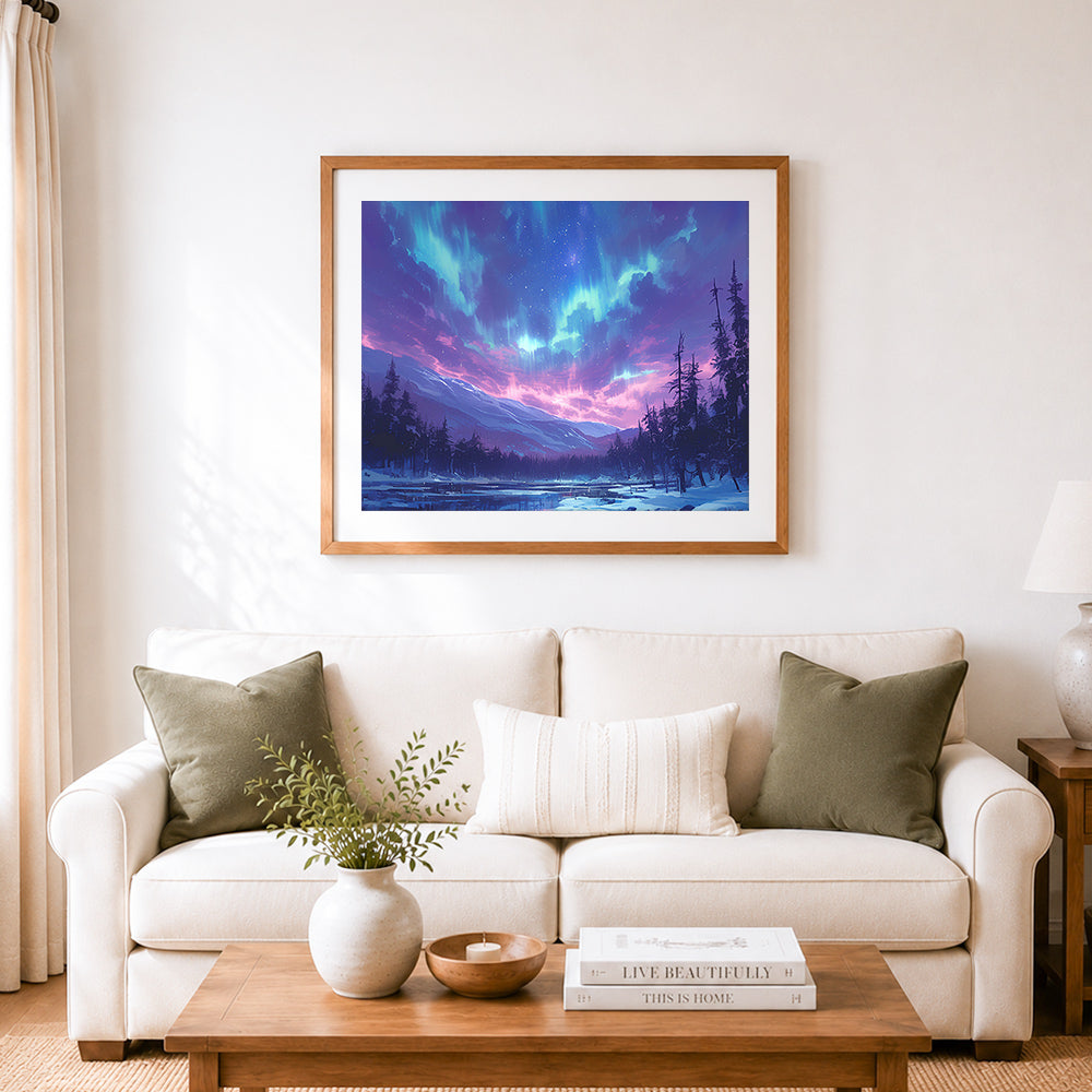 Finished stunning aurora over snowy mountains cross stitch artwork displayed as home decor