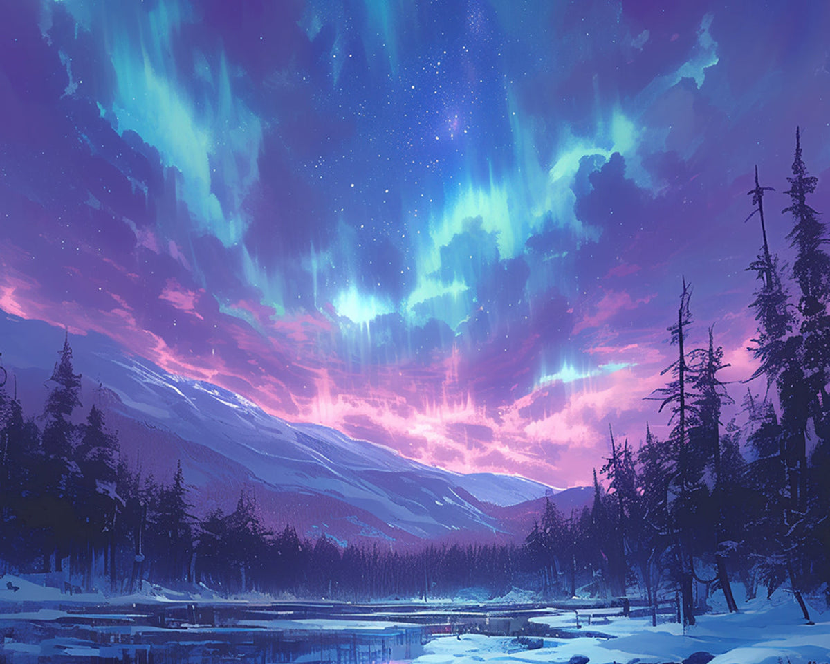 Stunning aurora over snowy mountains cross stitch kit for beginners