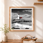 Finished stunning black and white lighthouse with red roof cross stitch artwork displayed as home decor