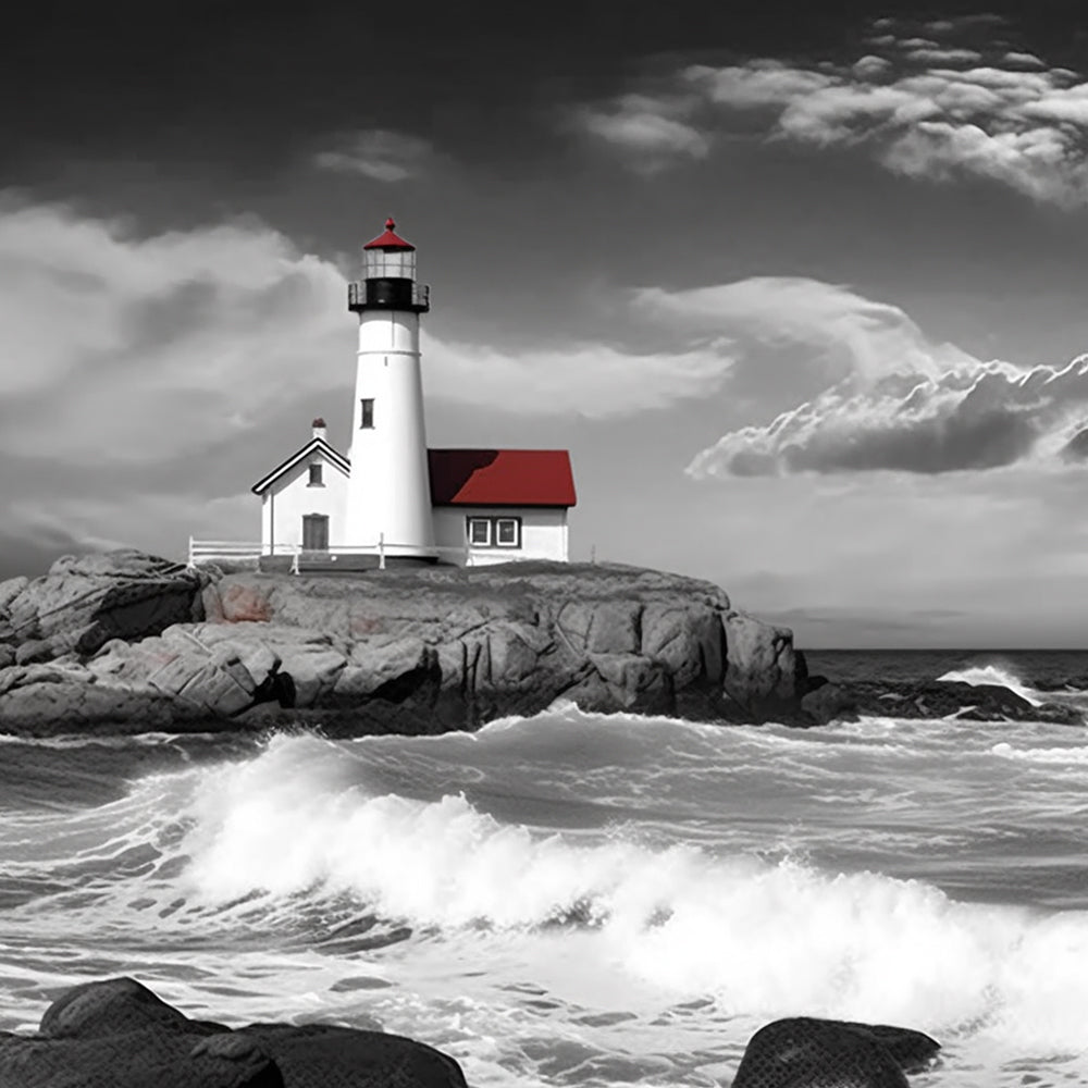 Stunning black and white lighthouse with red roof cross stitch kit for beginners