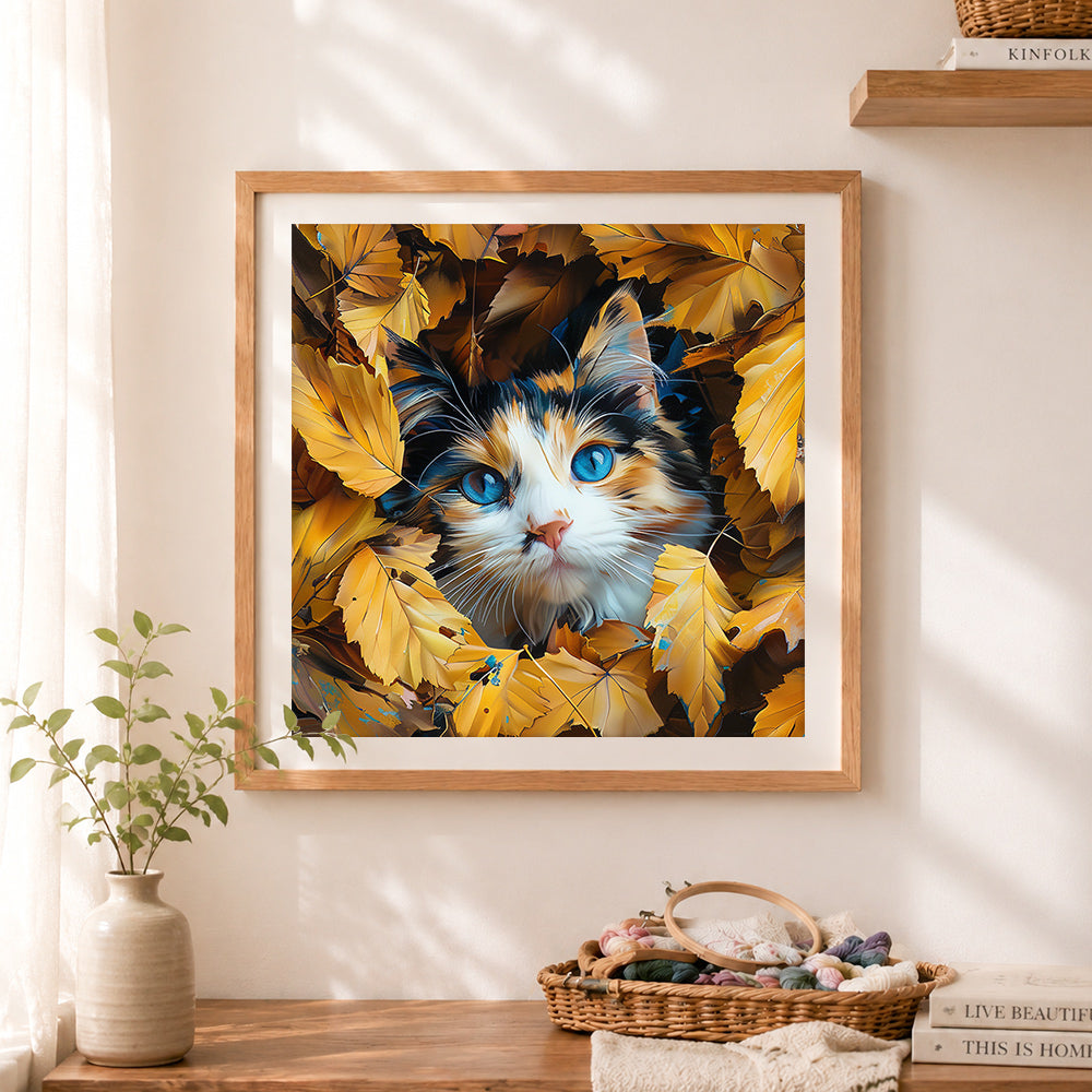 Finished stunning blue-eyed calico in autumn leaves cross stitch artwork displayed as home decor