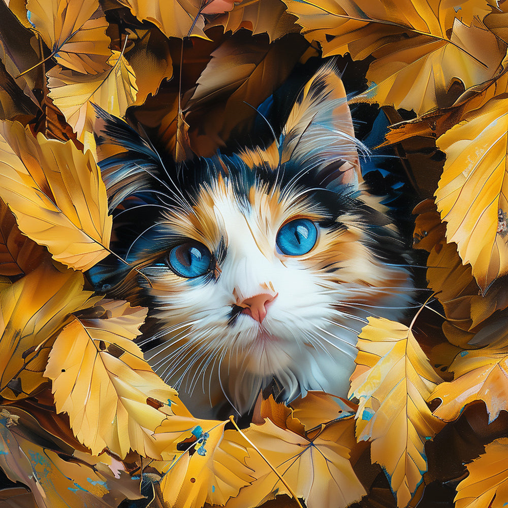 Stunning blue-eyed calico in autumn leaves cross stitch kit for beginners
