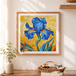 Finished stunning blue iris on yellow background cross stitch artwork displayed as home decor