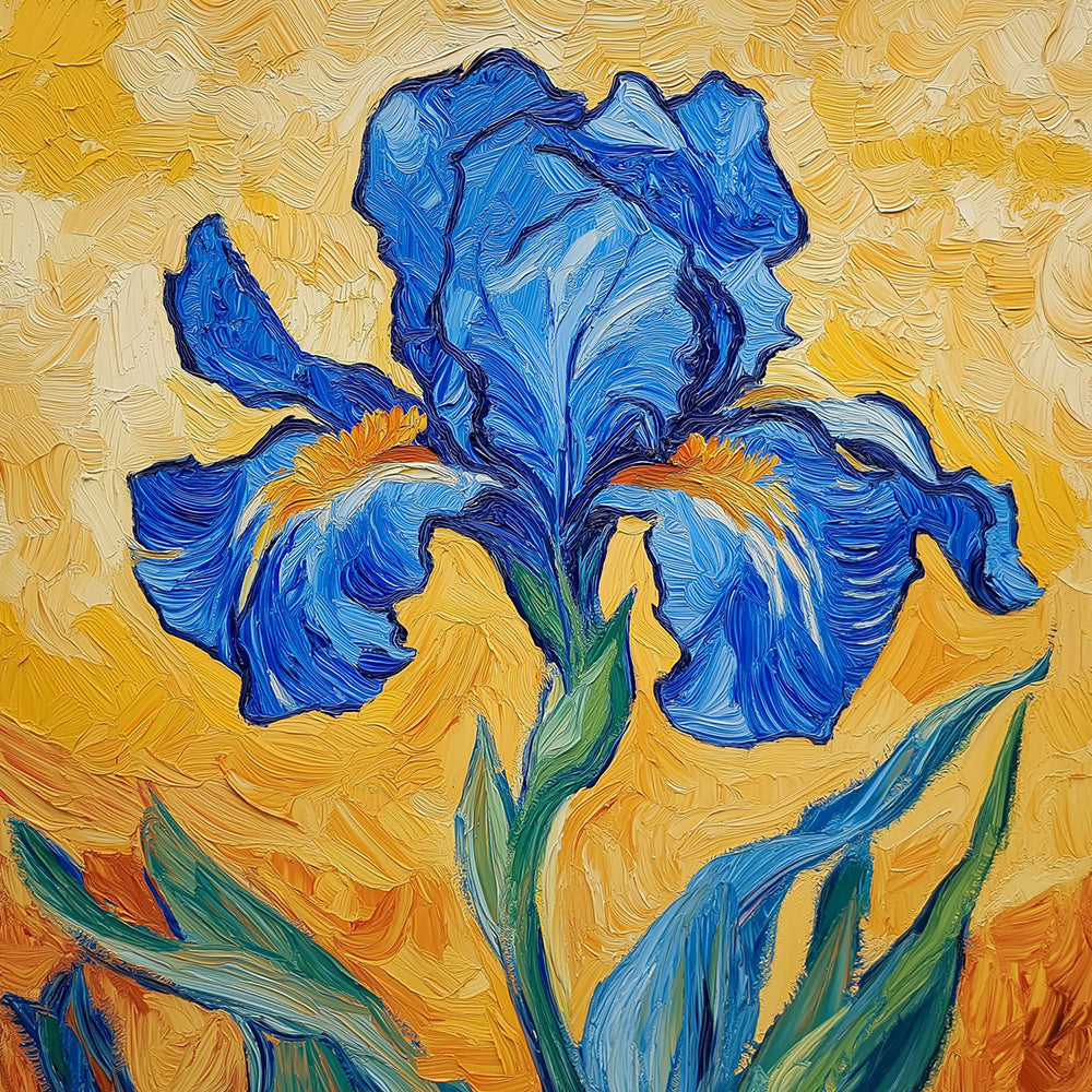 Stunning blue iris on yellow background cross stitch kit for beginners