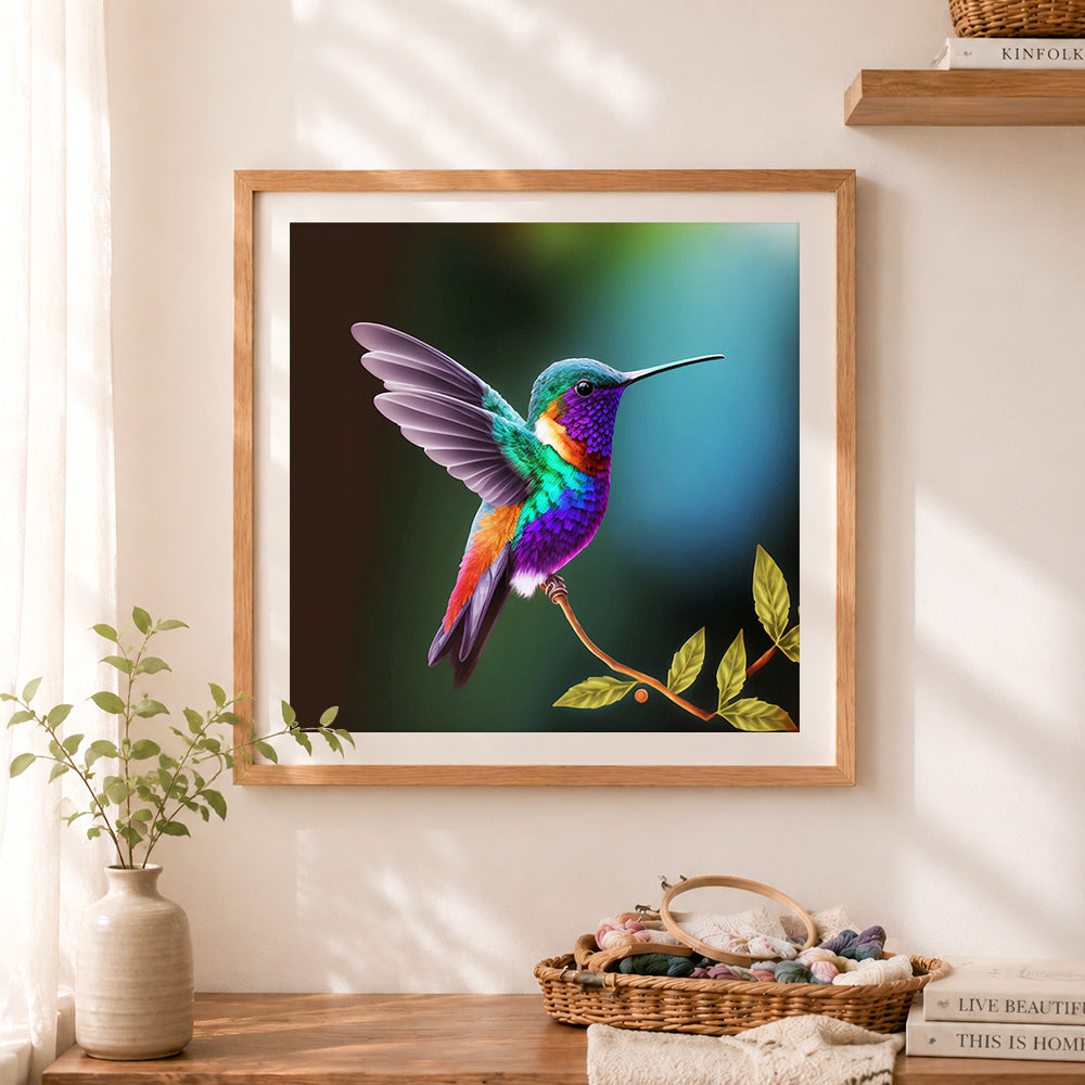 Finished stunning iridescent hummingbird cross stitch artwork displayed as home decor