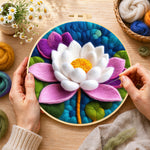 Creating the stunning pink and white lotus wool painting by hand with a felting needle