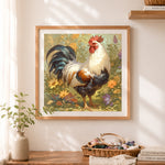 Finished stunning rooster in garden cross stitch artwork displayed as home decor