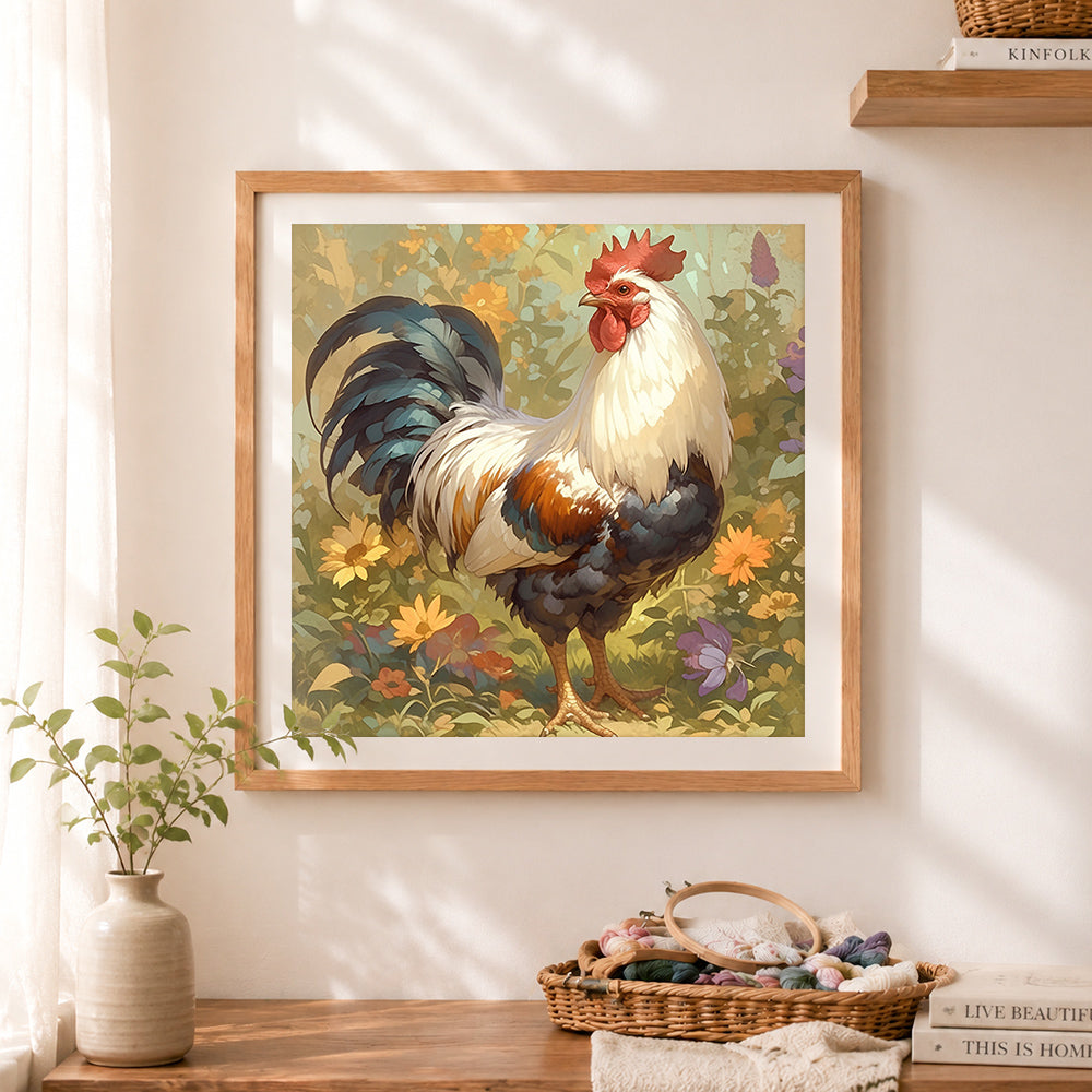 Finished stunning rooster in garden cross stitch artwork displayed as home decor