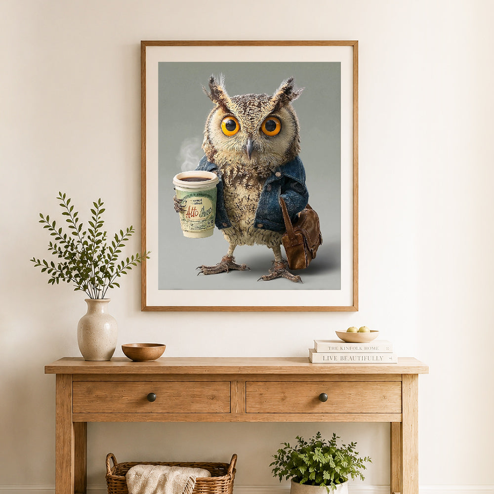 Finished stylish coffee owl cross stitch artwork displayed as home decor