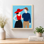 Finished stylish couple in hats artwork displayed on a wall