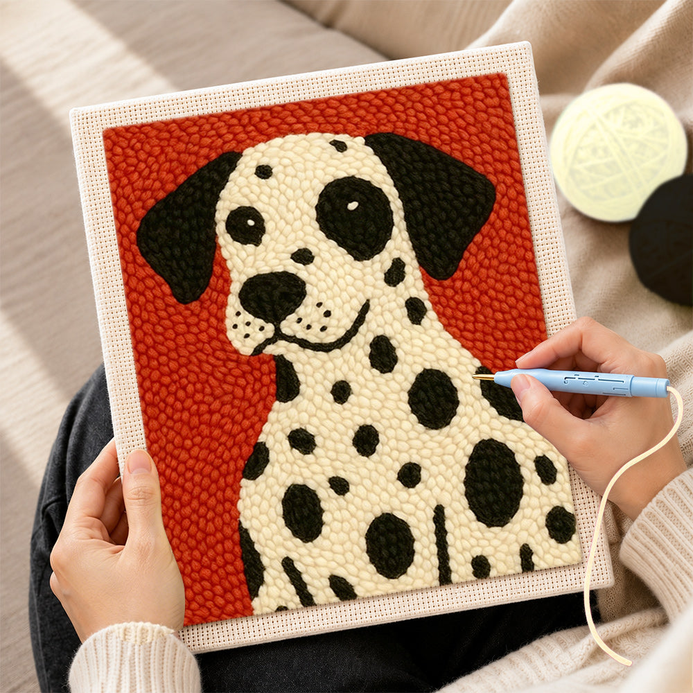Creating handmade stylish dalmatian portrait punch needle artwork