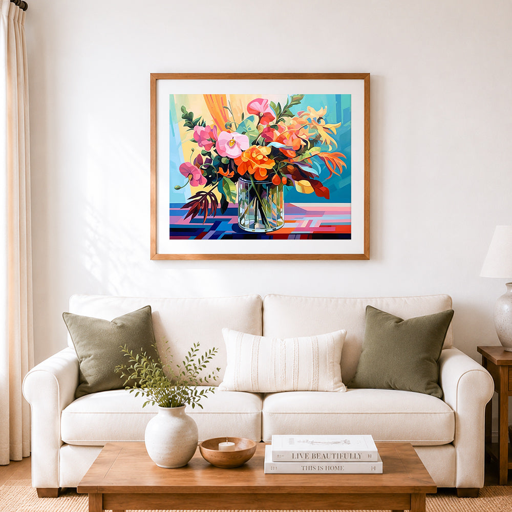 Finished stylish exotic flower bouquet cross stitch artwork displayed as home decor