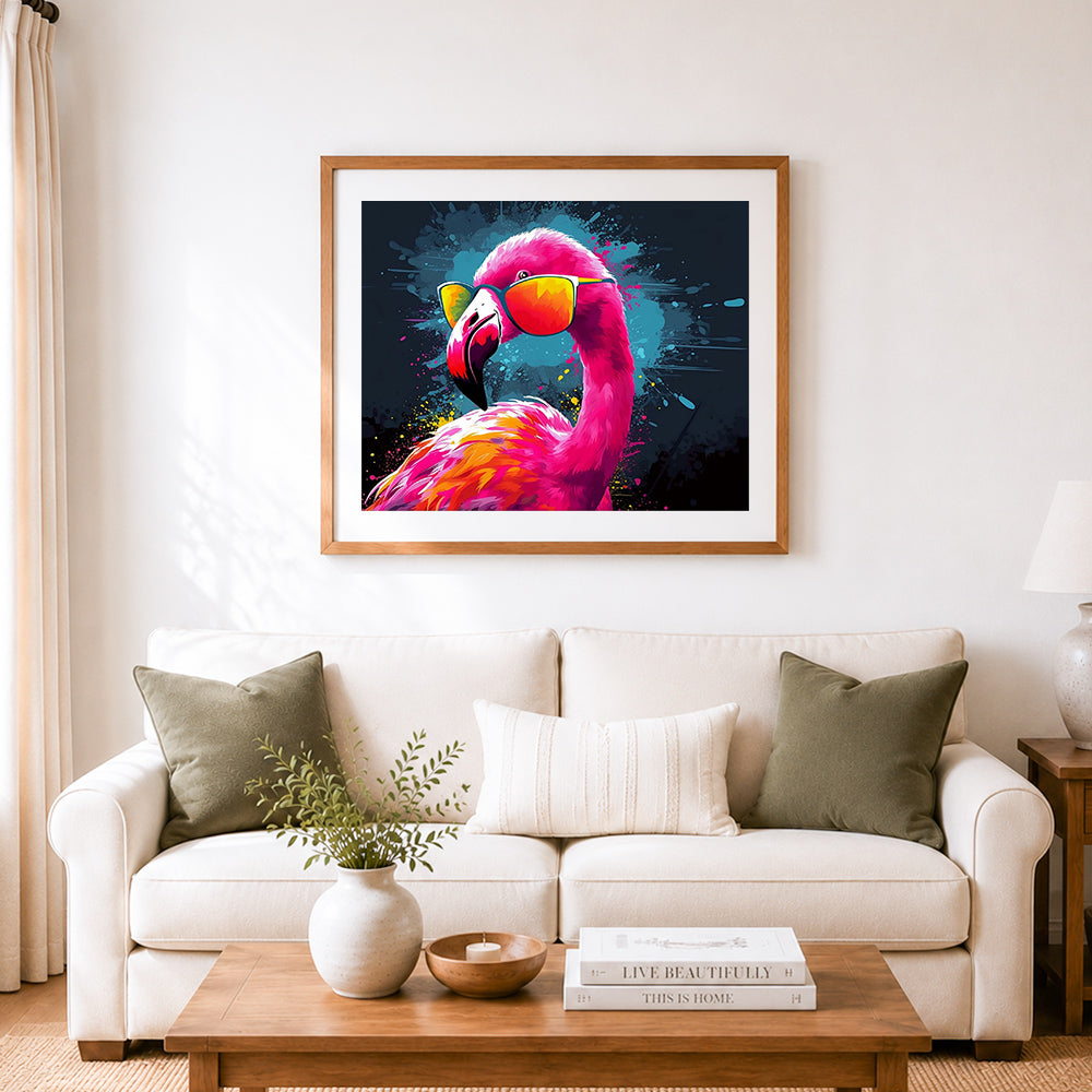 Finished stylish flamingo with shades cross stitch artwork displayed as home decor