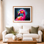Finished stylish flamingo with shades paint by numbers artwork displayed as home decor