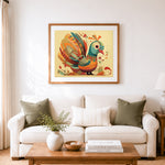Finished stylish folk art thanksgiving turkey cross stitch artwork displayed as home decor