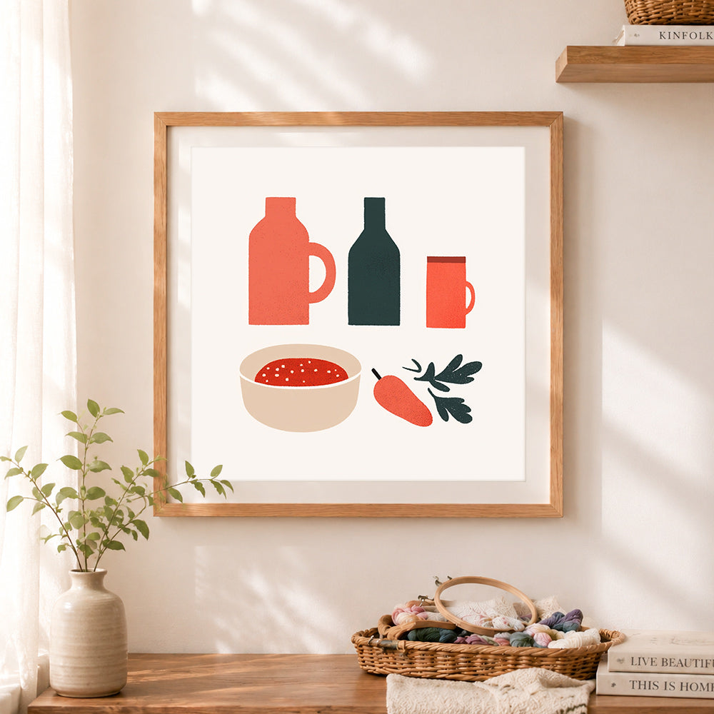 Finished stylish kitchen ingredients cross stitch artwork displayed as home decor