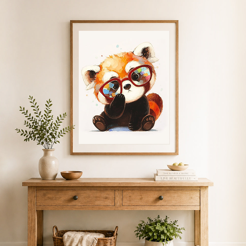 Finished stylish red panda cross stitch artwork displayed as home decor