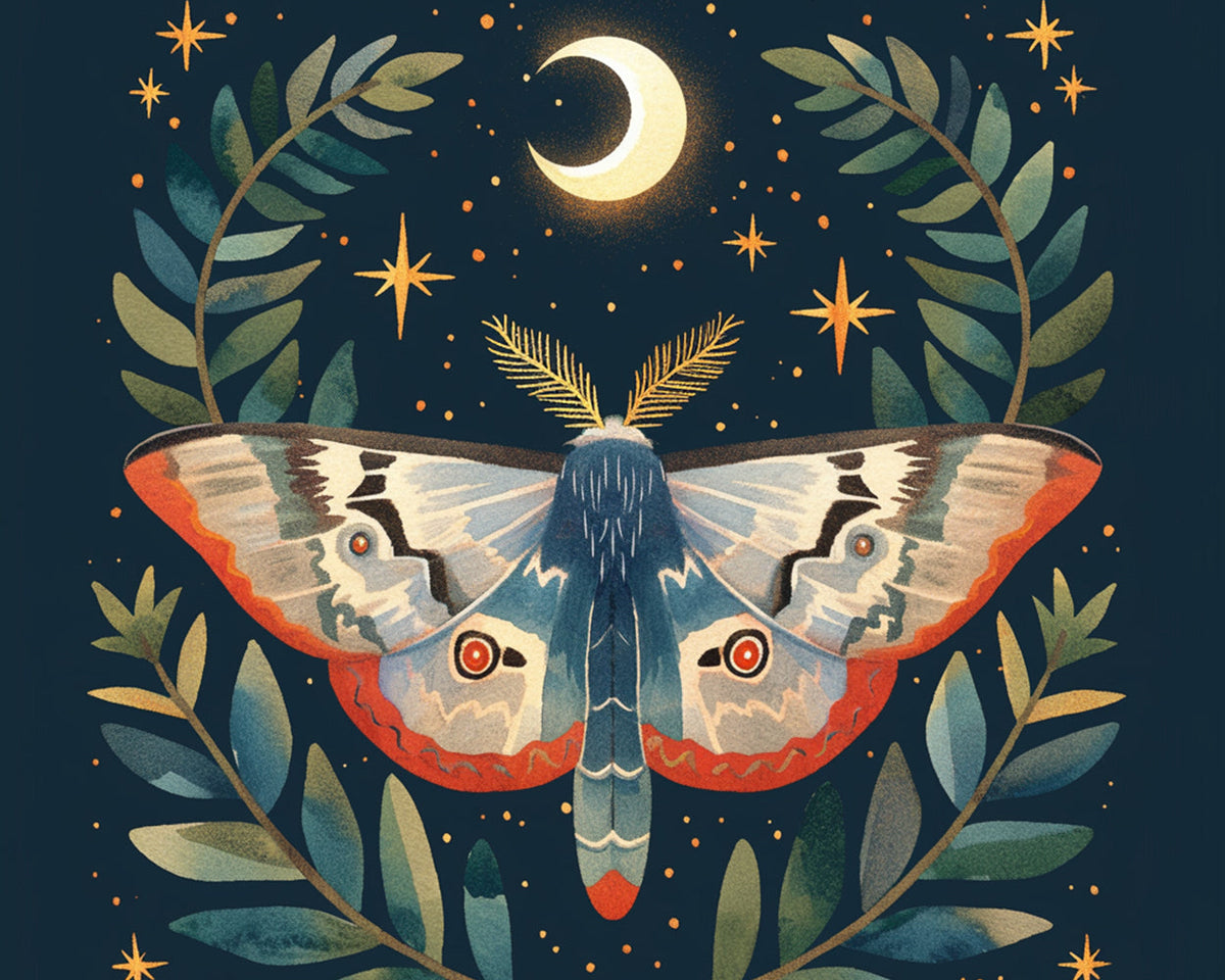 Stylized moth with crescent moon and stars cross stitch kit for beginners