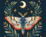 Stylized moth with crescent moon and stars cross stitch kit for beginners