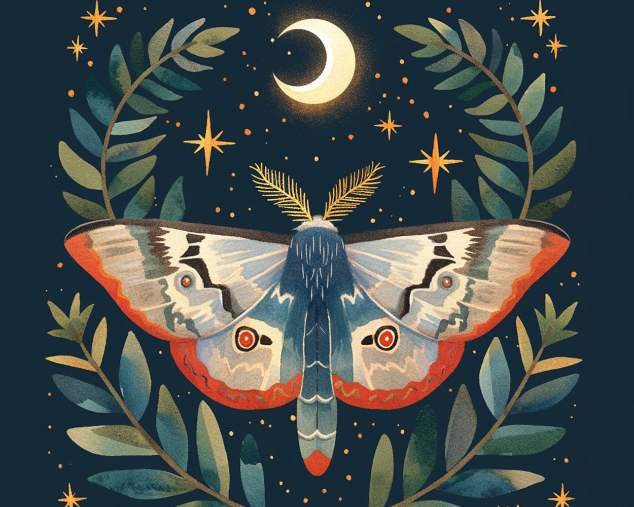 Stylized moth with crescent moon and stars cross stitch kit for beginners