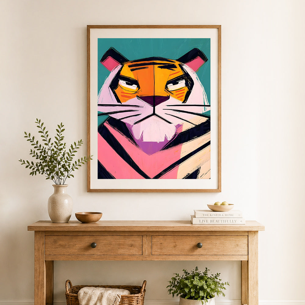 Finished stylized tiger face cross stitch artwork displayed as home decor