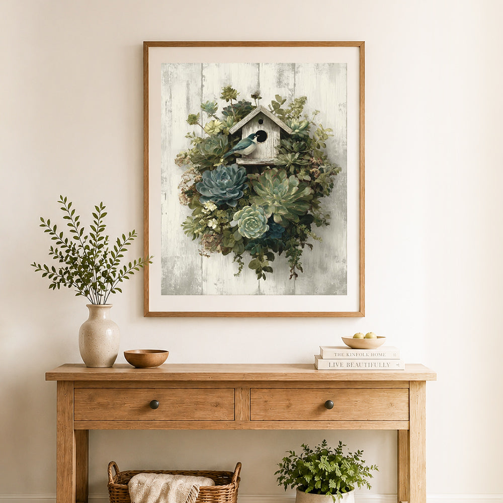 Finished succulent birdhouse art cross stitch artwork displayed as home decor