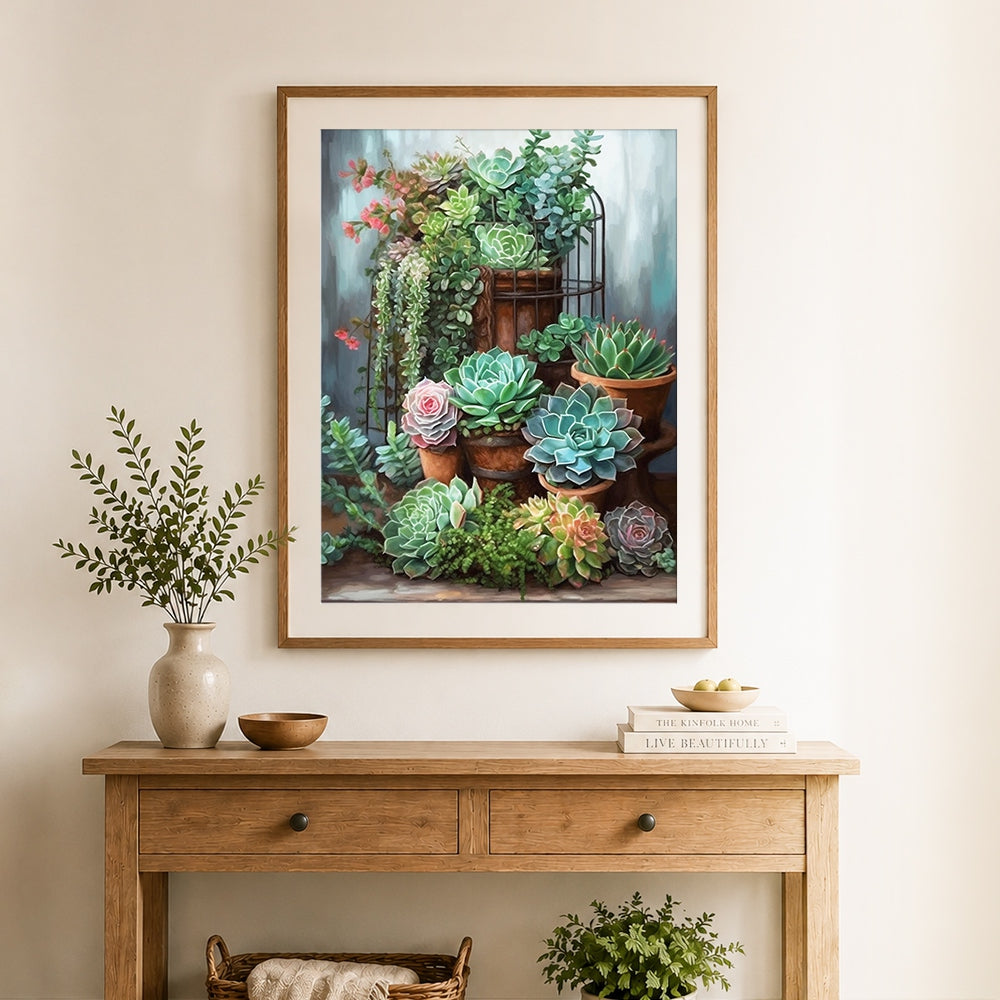 Finished succulent plants arrangement in terracotta pots cross stitch artwork displayed as home decor