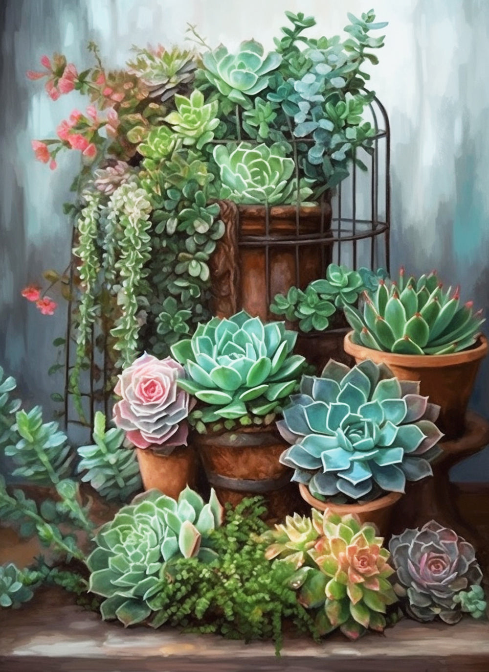 Succulent plants arrangement in terracotta pots cross stitch kit for beginners