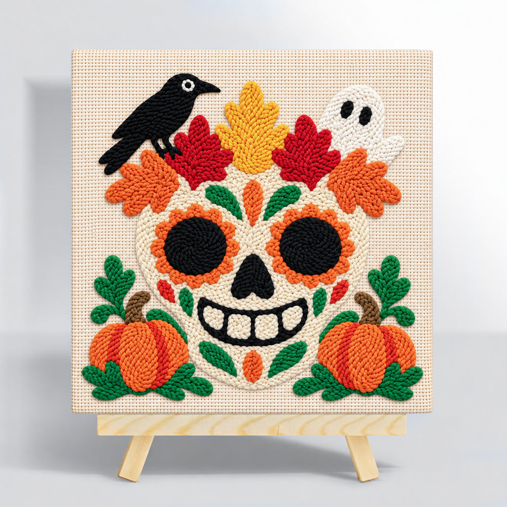 Sugar skull with fall foliage punch needle kit for beginners