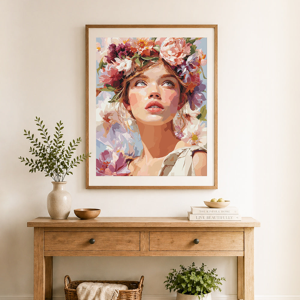 Finished summer flower wreath cross stitch artwork displayed as home decor