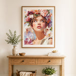 Finished summer flower wreath cross stitch artwork displayed as home decor