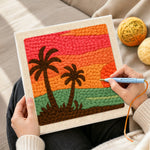 Creating handmade summer sunset and palm trees punch needle artwork